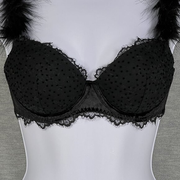 Victorias Secret NWT Demi Bra 32D Black Faux Fur & Solid Straps Sexy Coquette - Picture 5 of 14